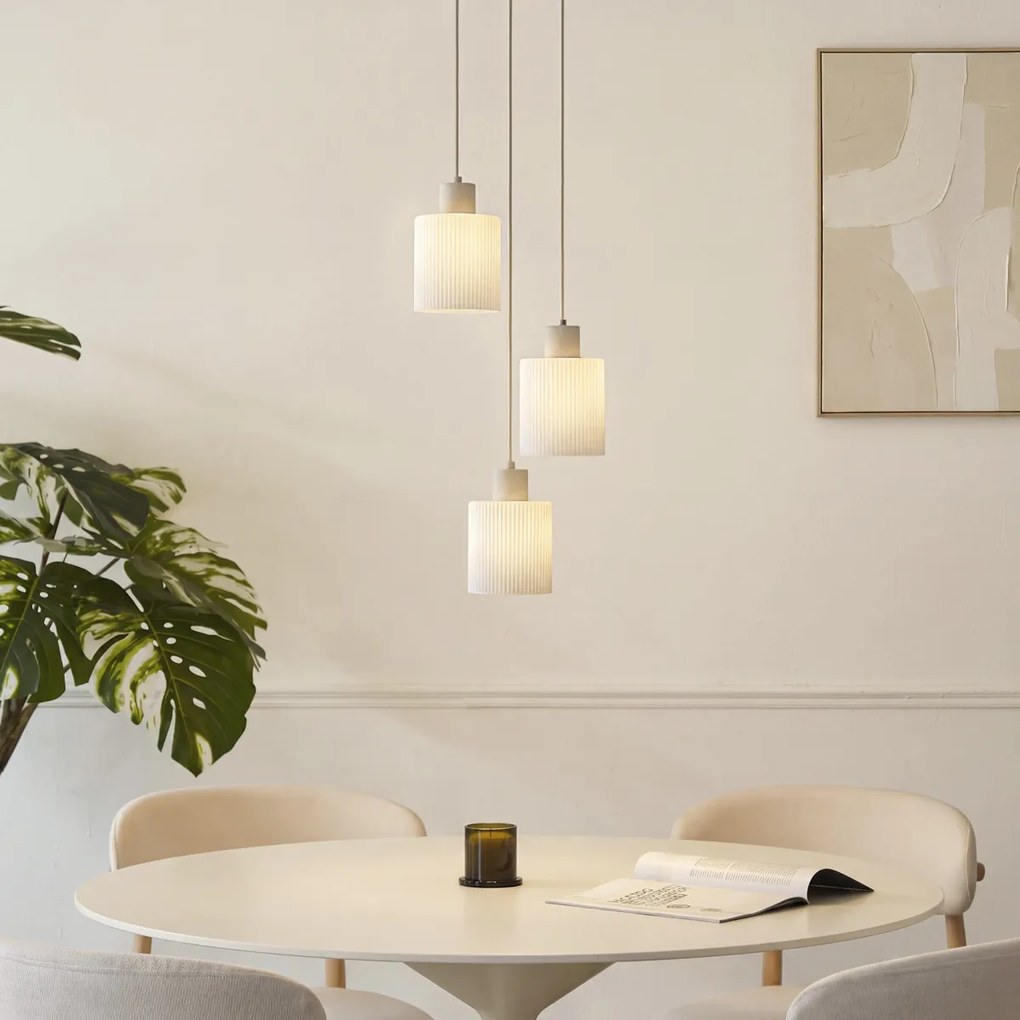 Lampă suspendată scandinavă bej cu sticlă albă rotundă cu 3 lumini - Wisp