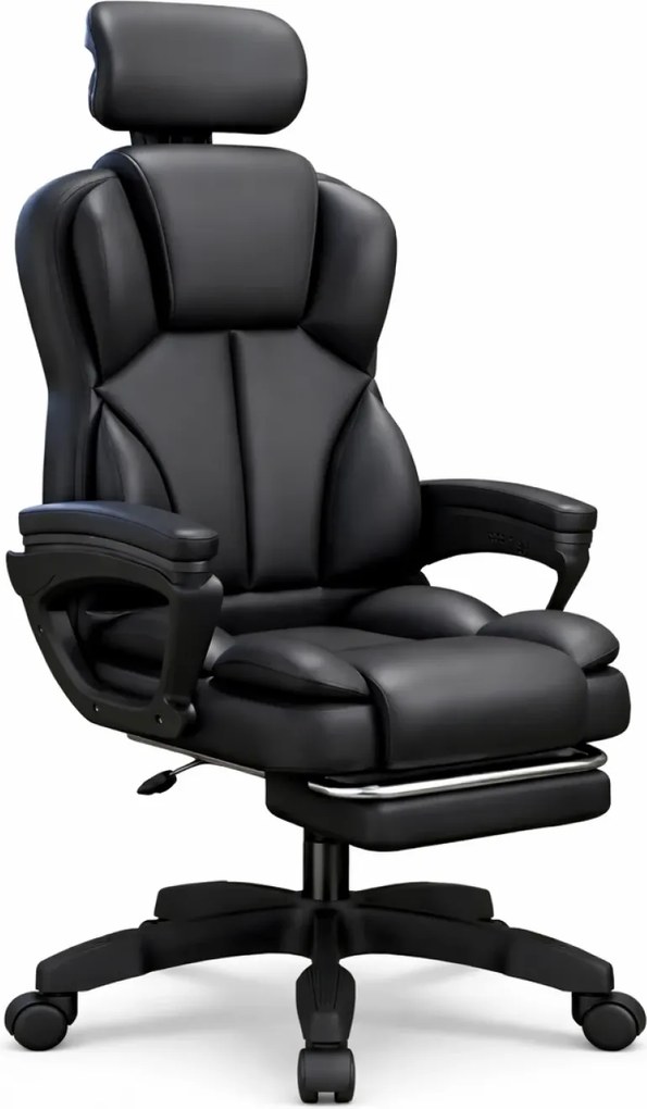 Scaun directorial, spătar înalt, tetiera reglabilă, pivotant 360°, suport picioare, piele PU, Negru