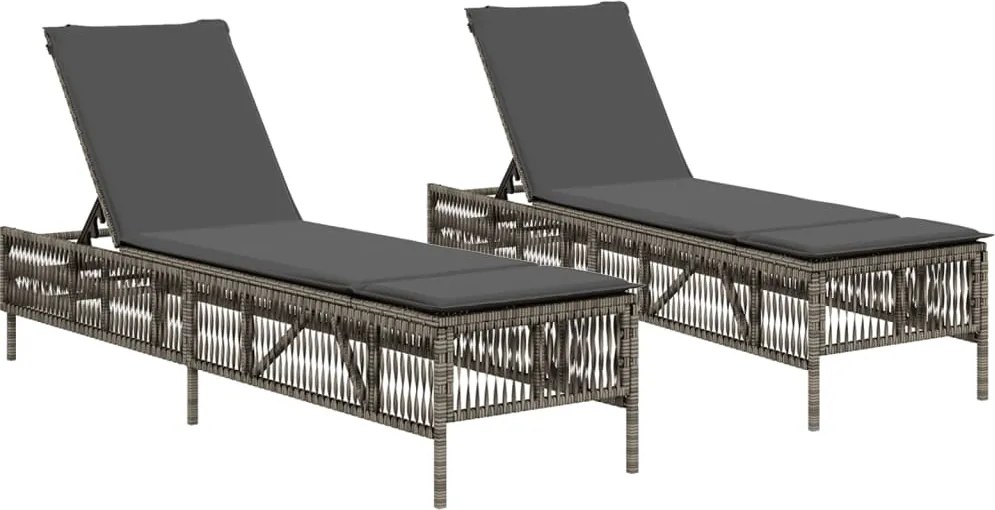 vidaXL Șezlonguri de plajă cu perne, 2 buc., gri deschis, poliratan