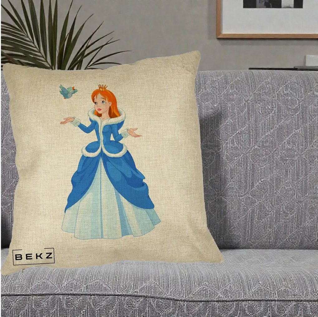 Perna Personalizata Printesa Albastra cu Pasare, 40x40 cm, Crem, Husa Detasabila, Perna Inclusa, BEKZ®