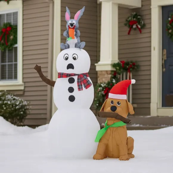 Om de zăpadă gonflabil cu câine și iepuraș LED - 180 cm