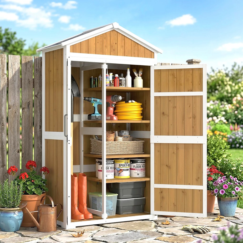 Outsunny Dulap de grădină Adăpost exterior etanș cu acoperiș metalic Uși duble pentru unelte de grădină 105x55x179cm Natural | Aosom Romania