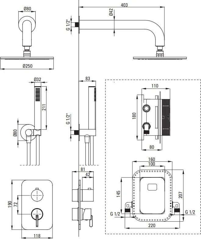 SILIA Set de Duș cu Montare Îngropată și BOX pentru Baterie - finisaj otel periat BXYYFQSM