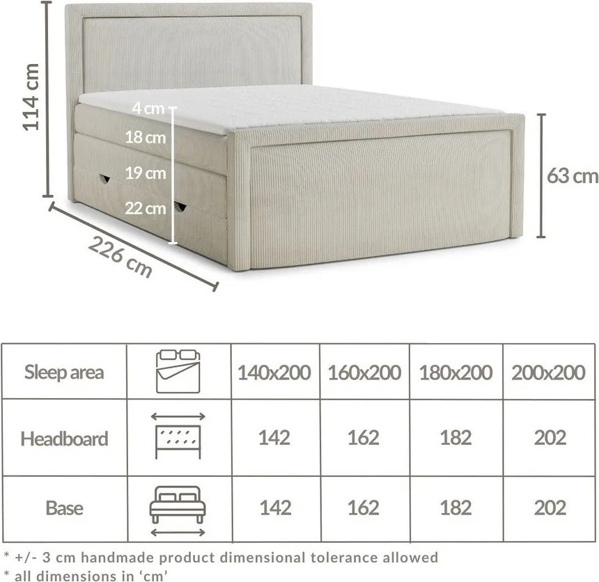 Pat boxspring crem cu spațiu de depozitare 200x200 cm Fresco – Maison de Rêve