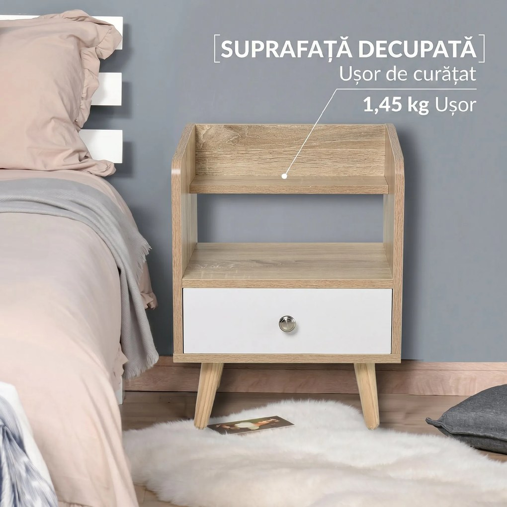HOMCOM Noptieră cu Sertar și Raft, Mobilier Compact pentru Dormitor sau Sufragerie, Economie Spațiu, Lemn, Alb | Aosom Romania