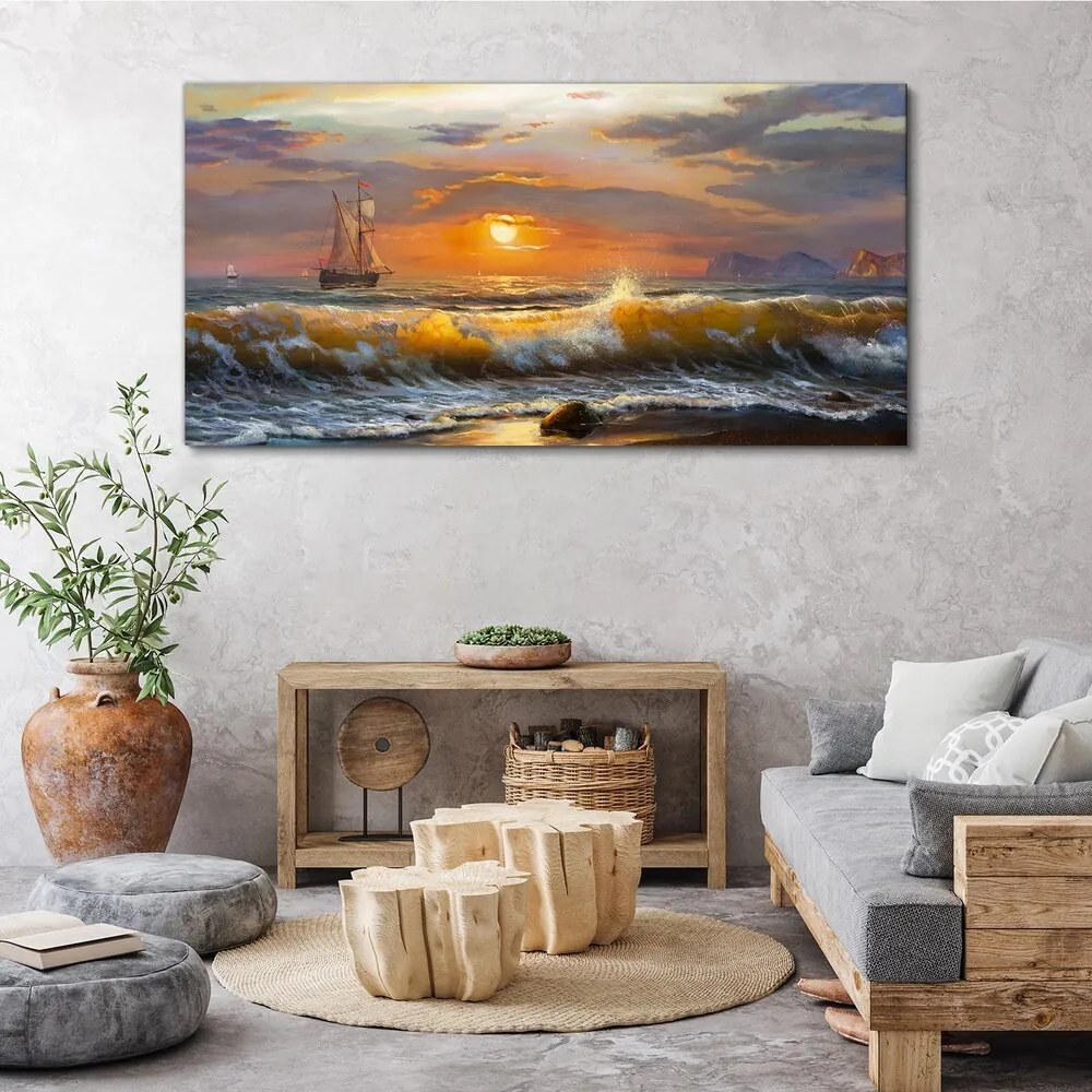 Tablou canvas valuri de coastă apus de soare