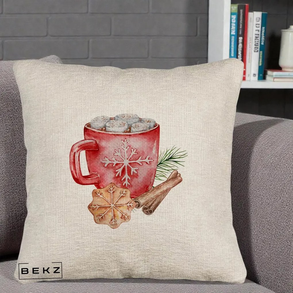 Perna Decorativa Cacao de Iarna cu Biscuit, 40x40 cm, Bej Canapea, Husa Detasabila, Perna Inclusa, BEKZ®