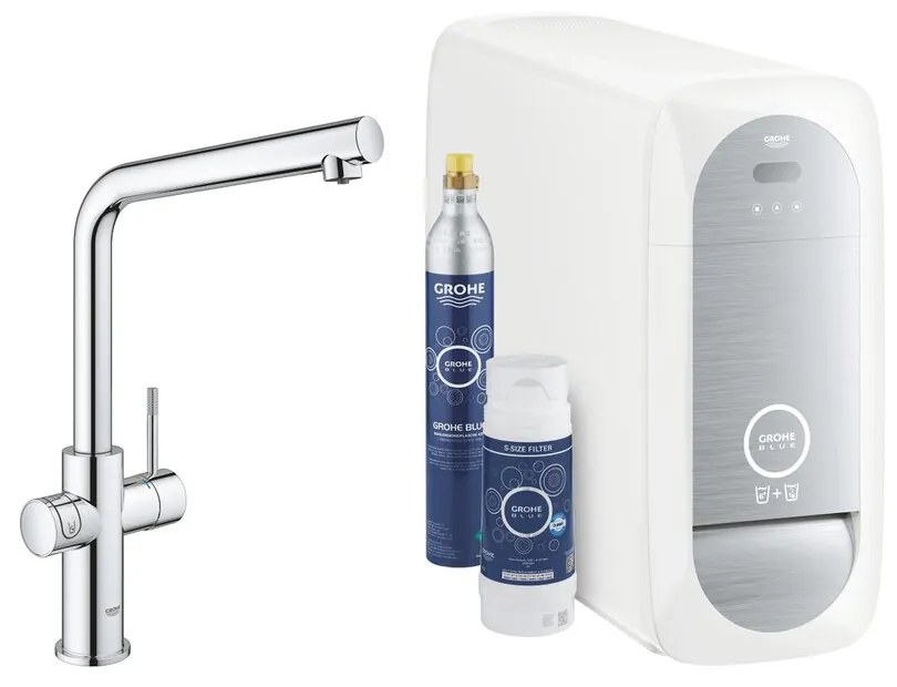 Baterie bucatarie Grohe Blue Home crom pipa tip L si Starter Kit