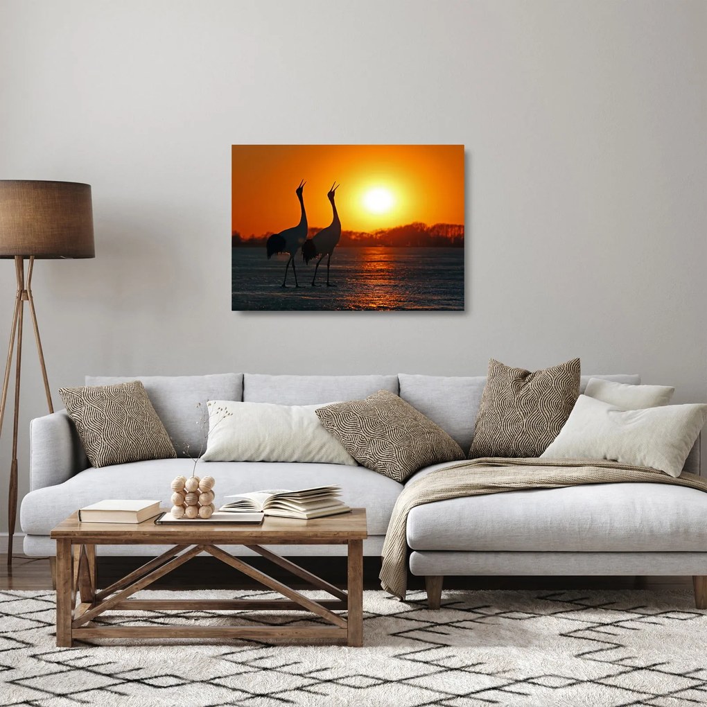 Tablou pe sticlă cu păsări în apus de soare (70x50 cm)