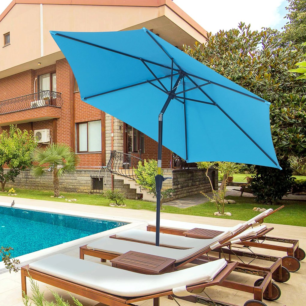 Outsunny Umbrelă de Grădină Înclinabilă cu Manivelă, Tijă și 6 Spițe, Ø2.6x2.4 m, Albastru | Aosom Romania