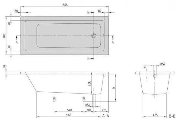 Cada dreptunghiulara Villeroy &amp; Boch, Targa Plus Solo, 160 x 70 cm, cu set de picioare, alb alpin, UBA167NES2V-01-P