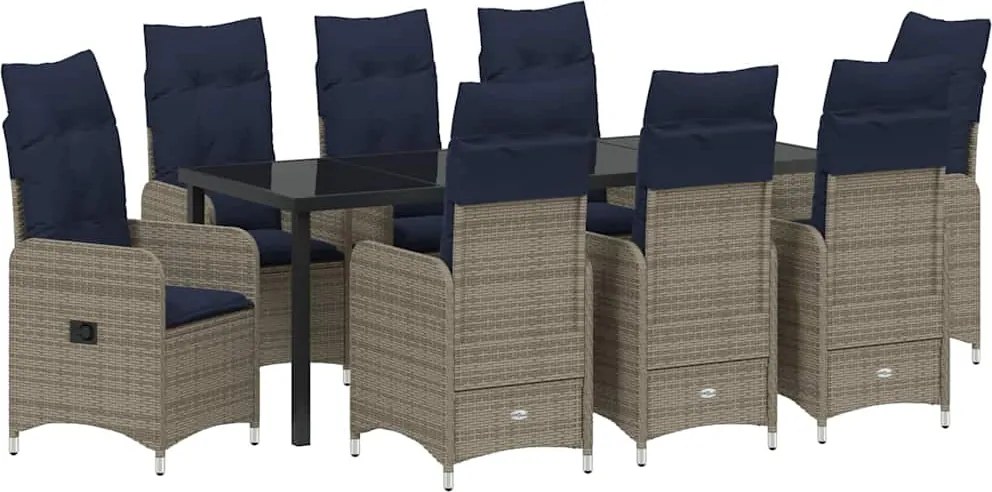 vidaXL Set de masă pentru grădină cu pernă 9 pcs Negru poliratan