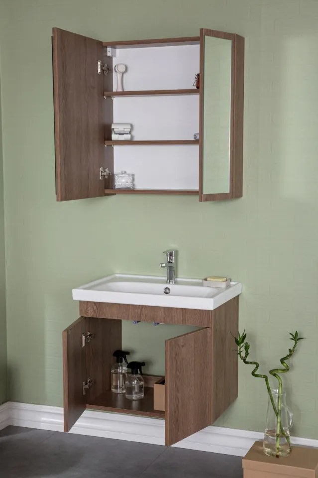 Set Mobilier Baie Bryce, Include Baza Lavoar, Lavoar și Corp cu Oglinda, 65 cm, Nuc