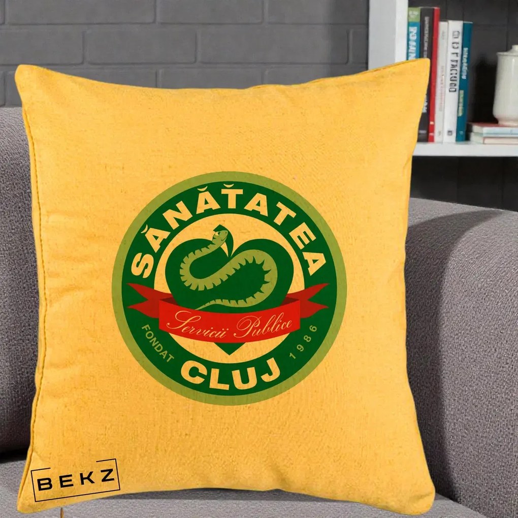 Perna Personalizata Sanatatea Cluj Servicii Publice 1986, 40x40 cm, Galben, Husa Detasabila, Perna Inclusa, BEKZ®