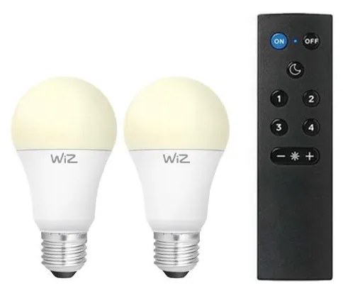 Set 2 becuri LED reglabile A60, E27, 9W, 230V, 2700K, Wi‑Fi + telecomandă – WiZ