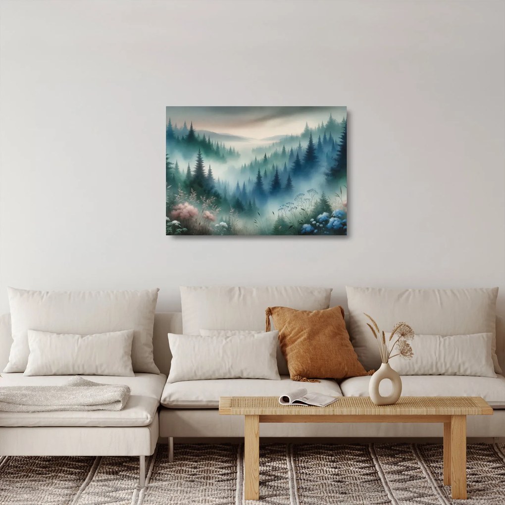 Tablou pe sticlă - Peisaj forestier cu ceață (70x50 cm)