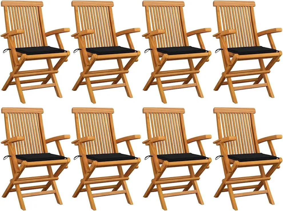vidaXL Scaune de grădină cu perne negre, 8 buc., lemn masiv de tec