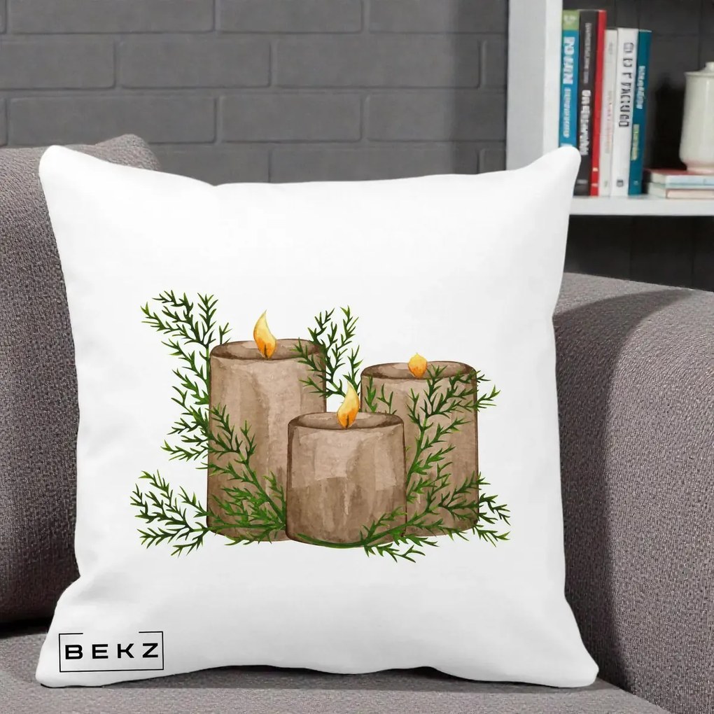 Perna Decorativa Lumanari Rustice cu Crengute Brad, 40x40 cm, Alba Mata, Husa Detasabila, Perna Inclusa, BEKZ®