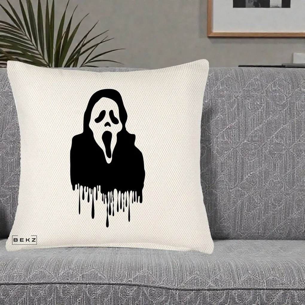 Perna Personalizata Halloween Ghostface Scream Picurand, 40x40 cm, Crem Reliefat, Husa Detasabila, Perna Inclusa, BEKZ®