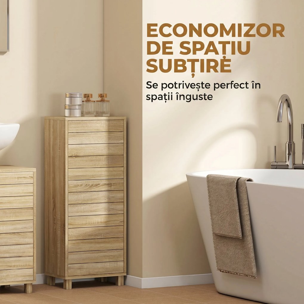HOMCOM Dulap Slim pentru Baie cu Ușă cu Șipci, 3 Rafturi, Finisaj Natural | Aosom Romania