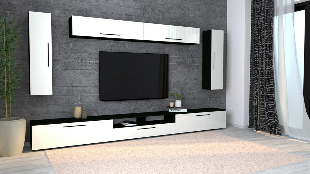 Living haaus Haga V6, Alb Lucios/Negru, MDF, L 360 cm