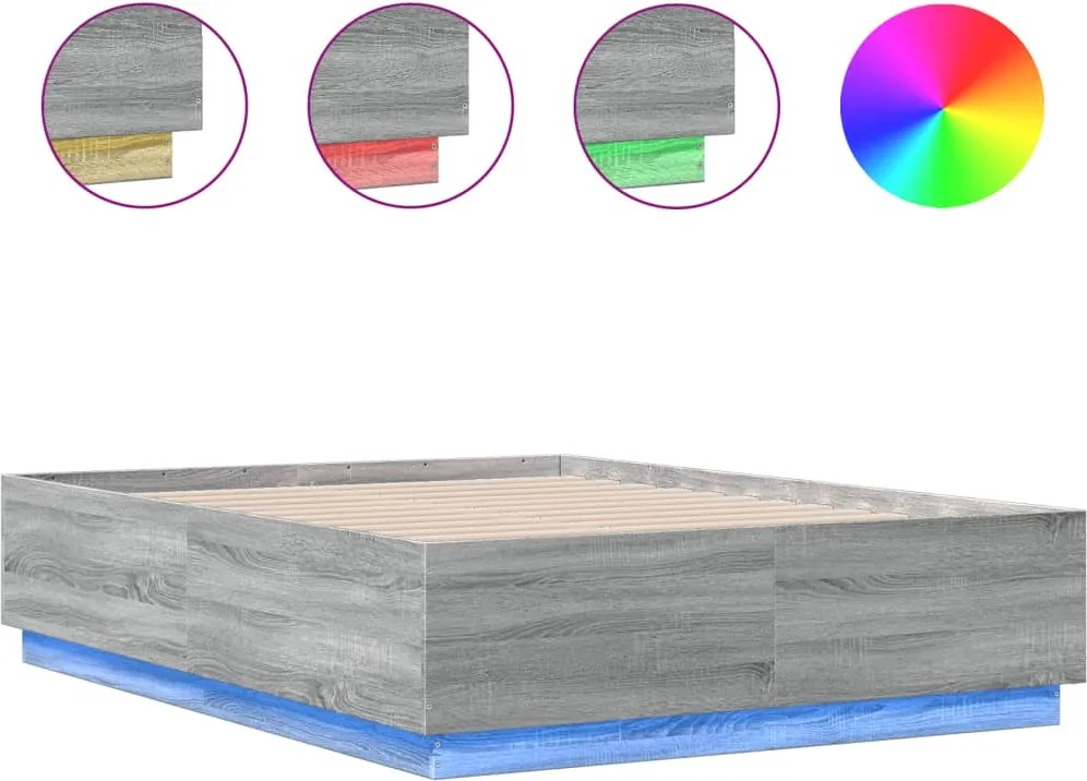 vidaXL Cadru de pat cu LED, gri sonoma, 135x190 cm, lemn prelucrat