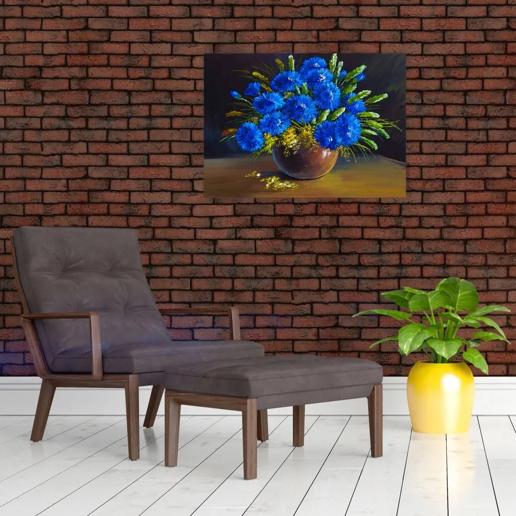 Tablou pe sticlă - Flori albastre în vază (70x50 cm)