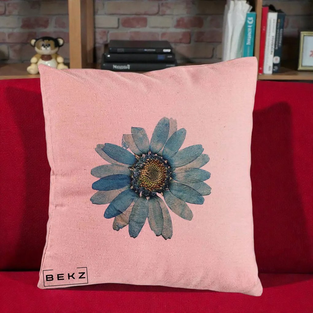 Perna Decorativa Floare Margareta Albastra Acuarela, 40x40 cm, Roz, Husa Detasabila, Perna Inclusa, BEKZ®
