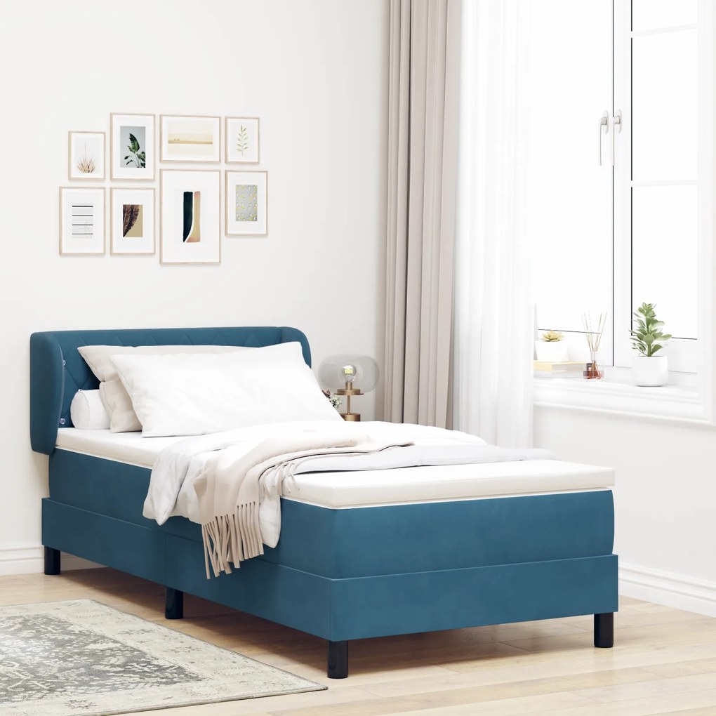 Pat box spring vidaXL cu saltea albastru închis 90x190 cm din catifea