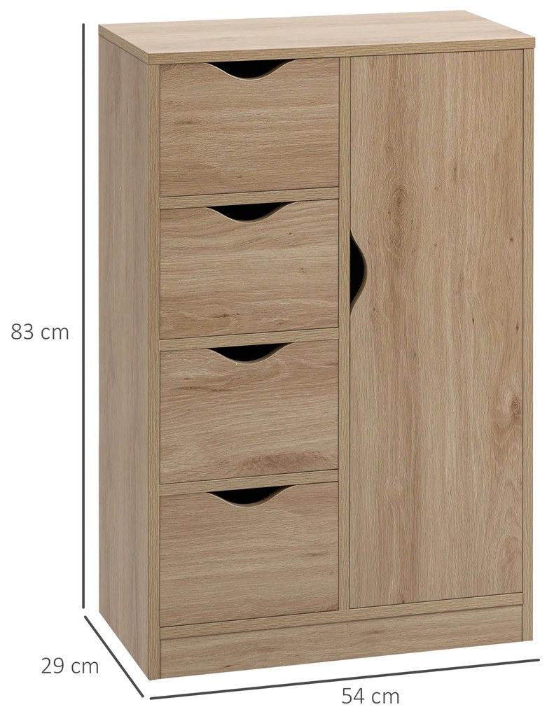 HOMCOM Mobilier Baie cu 4 Sertare si Dulapior cu 2 Niveluri, Unitate de Depozitare din PAL cu Manere Decupate, 54x29x83cm Lemn Natur | Aosom Romania