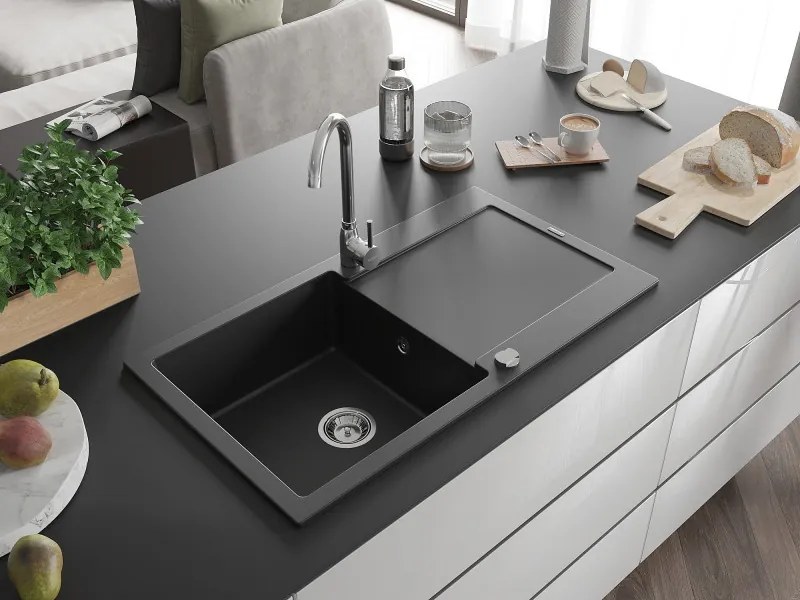 Mexen Leo chiuvetă de granit cu 1 cuvă și scurgător 900 x 500 mm, negru, sifon crom - 6501901010-77