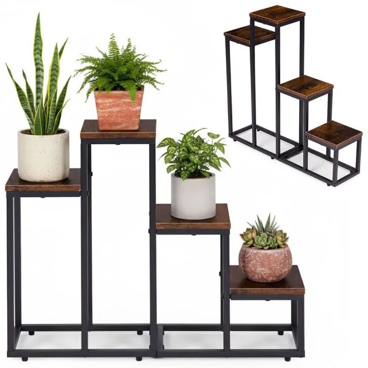 Suport pentru flori Loft - suport metalic pentru flori cu 4 rafturi și decor din lemn