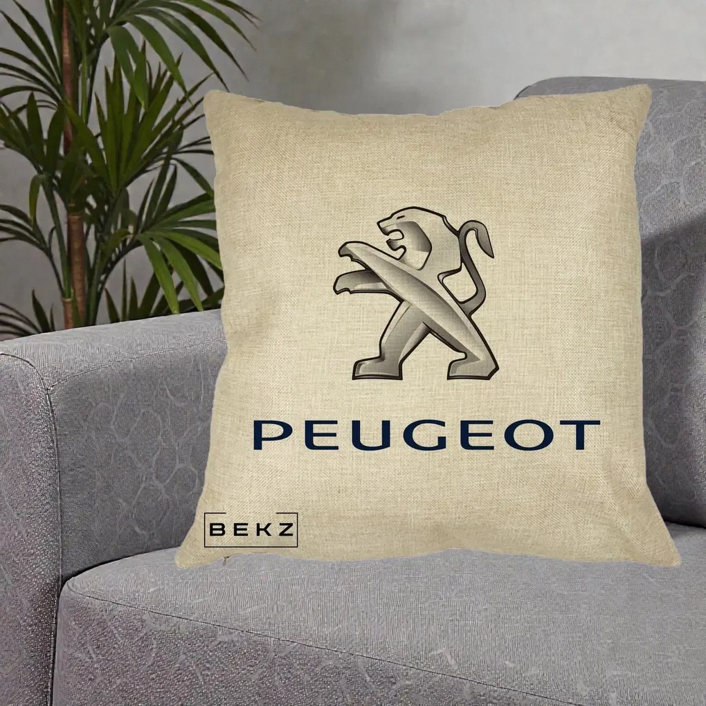 Perna Personalizata cu emblema Peugeot, 40x40 cm, Crem, Husa Detasabila, Perna Inclusa, BEKZ®