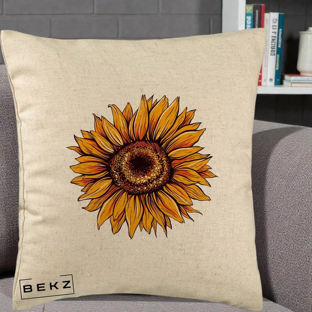 Perna Decorativa Floarea Soarelui Vibranta, 40x40 cm, Bej, Husa Detasabila, Perna Inclusa, BEKZ®