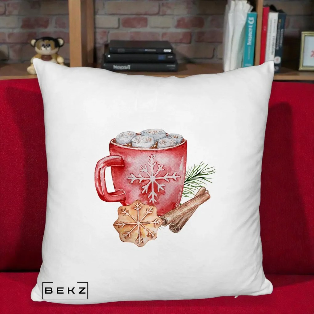 Perna Decorativa Cacao de Iarna cu Biscuit, 40x40 cm, Alb Pufos, Husa Detasabila, Perna Inclusa, BEKZ®