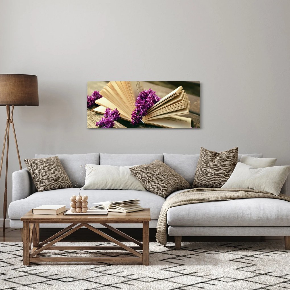 Tablou cu carte și floare violetă (120x50 cm)