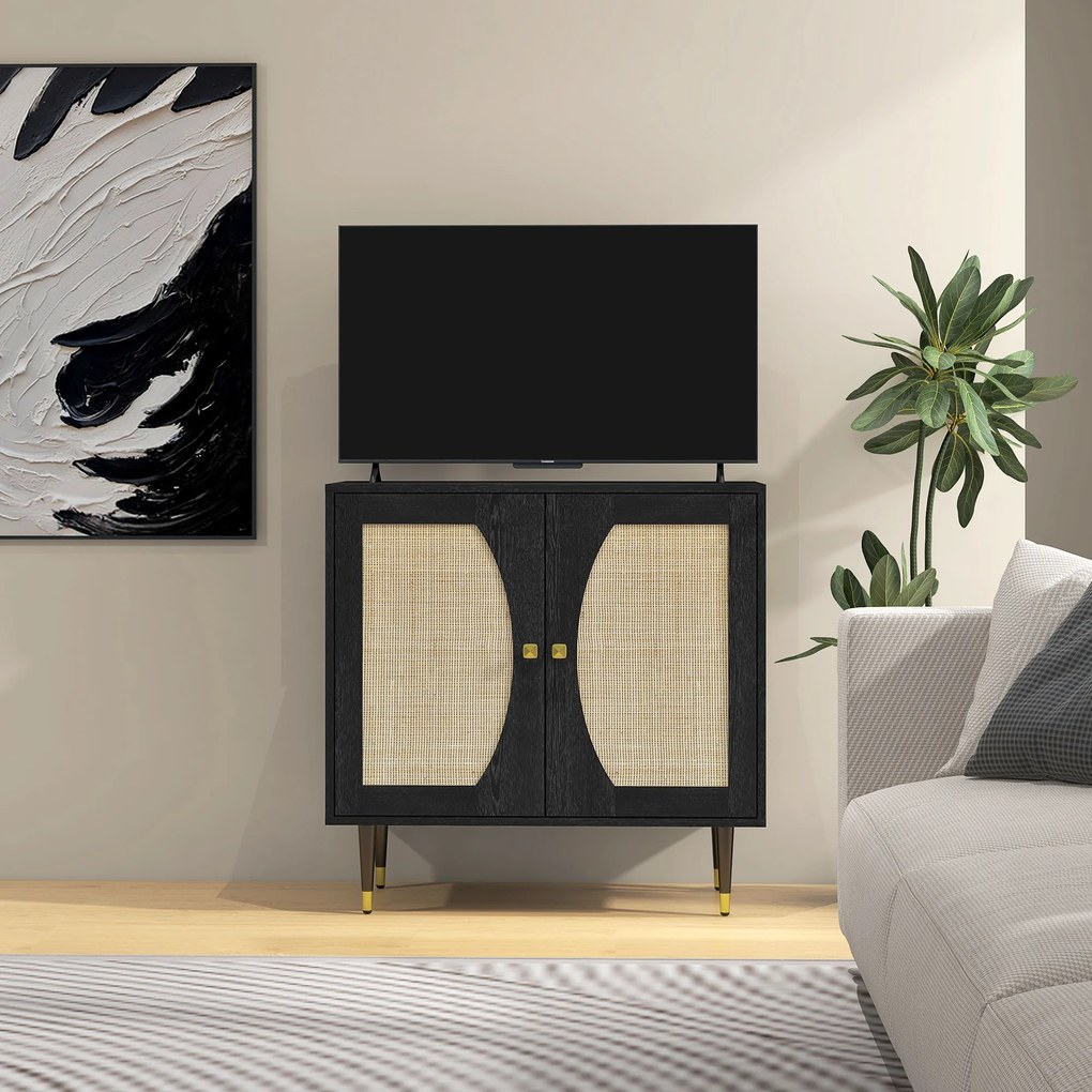 HOMCOM Bufet de bucătărie mobilier de depozitare design boem cu dublă uși și 2 nivele, fațadă din răchită 80 x 38 x 79 cm negru | Aosom Romania
