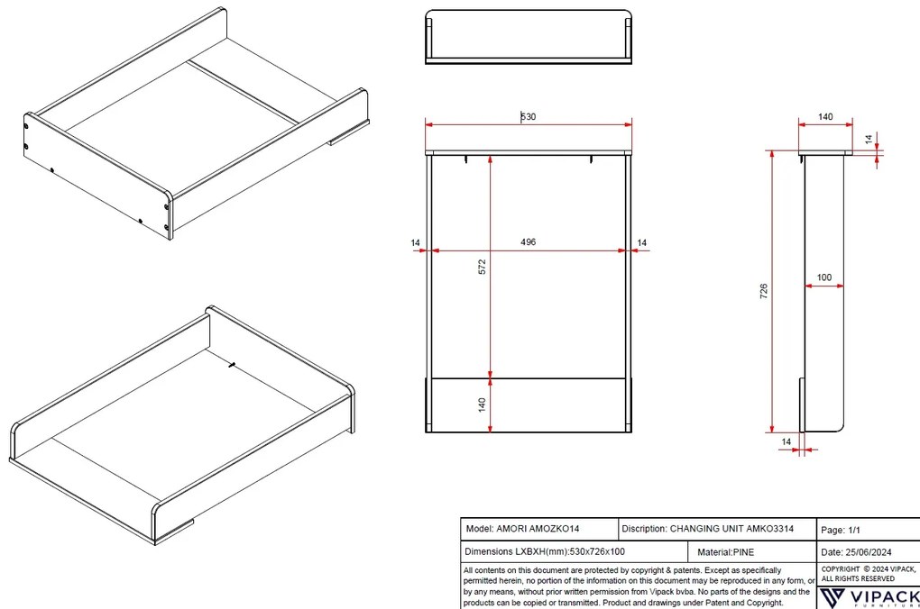 Comodă cu Masă de Înfășat AMORI pentru Copii, Alb (Pin Masiv și MDF), Design Romantic – Vipack