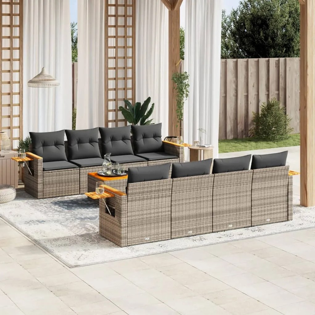 vidaXL Set canapele de grădină, 9 piese, cu perne, gri, poliratan
