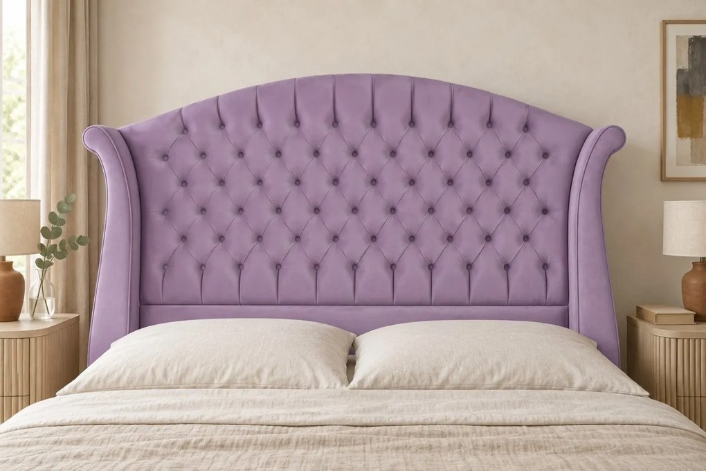 Pat tapițat Chesterfield din catifea Sorella Simple 180×200 cm, lila, cu ladă de depozitare