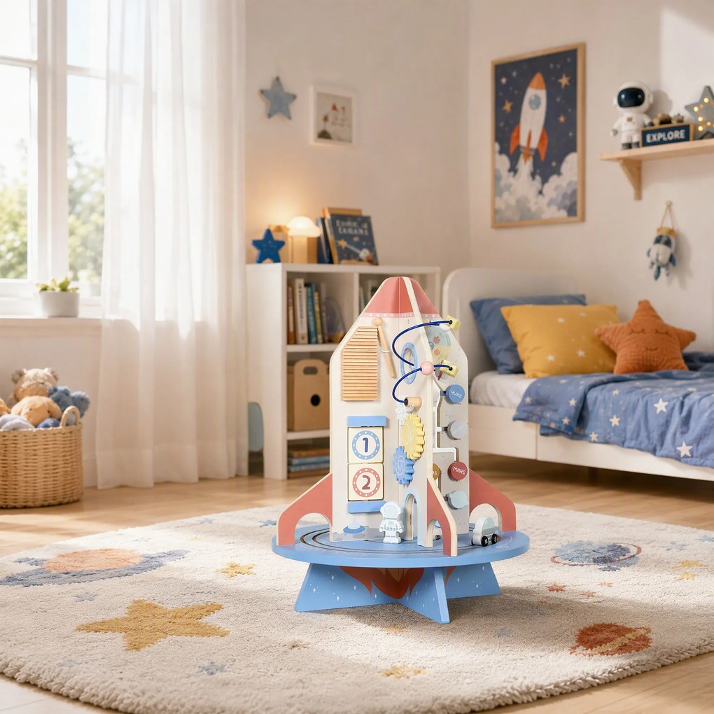 AIYAPLAY Masă Educativă Montessori pentru Copii din Lemn, cu Tematică Rachetă, Traseu de Bile, Angrenaje și Abac | Aosom Romania