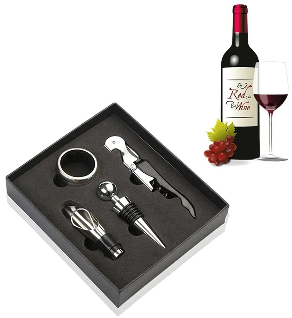 Set Cadou Accesorii Vin, 4 piese in cutie estetica, culoare Neagra
