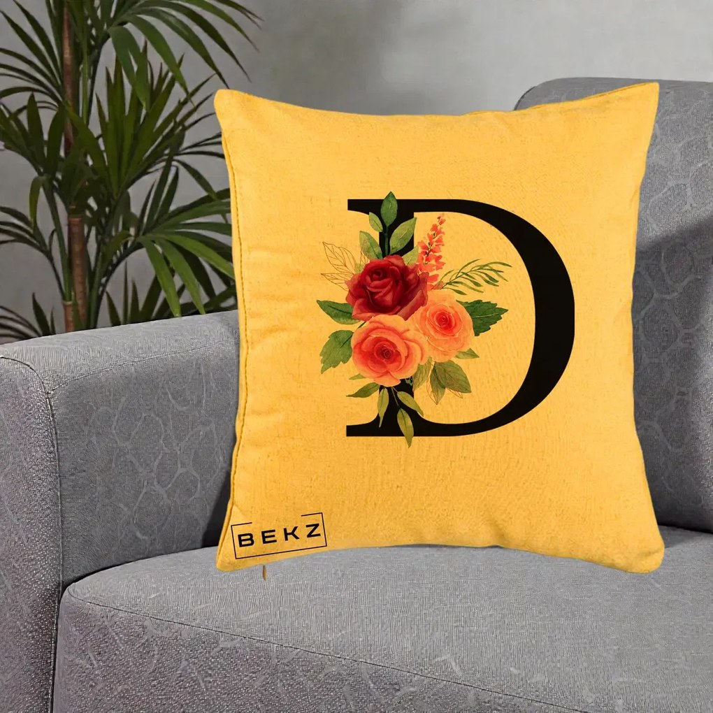 Cadou Personalizat - Perna Personalizata Monograma Florala Litera D, 40x40 cm, Galben, Husa Detasabila, Perna Inclusa, BEKZ®