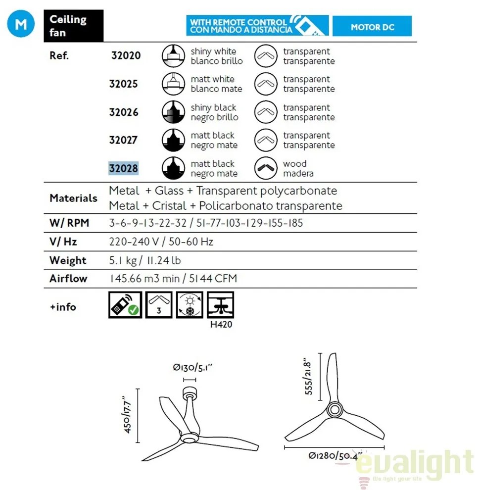 Ventilator cu telecomanda ETERFAN MINI negru mat/ lemn 32028