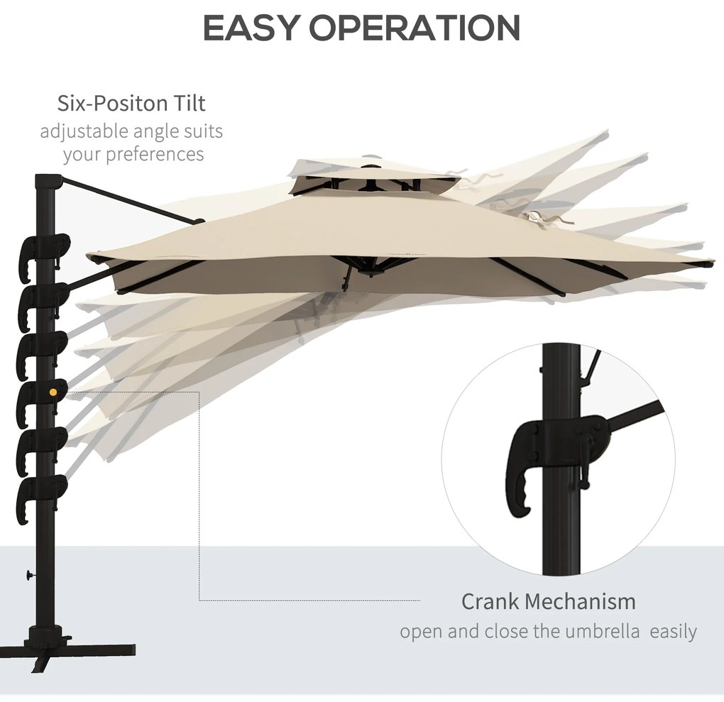 Outsunny Umbrelă de Soare cu Braț Înclinat în 6 Poziții cu Acoperiș pe 2 Niveluri, Umbrelă de Grădină din aluminiu și poliester, 294x294 cm, kaki | Aosom Romania