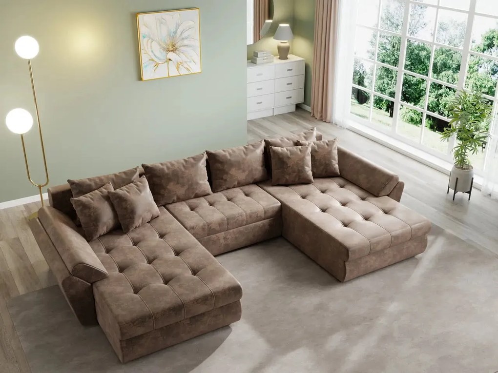 Colțar extensibil dumonde cu ladă de depozitare si sezut confortabil din spuma high-density, Loana U Madagaskar Brown 355x185 cm