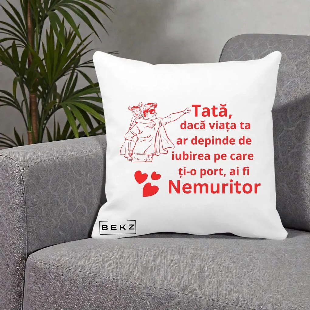 Cadou pentru Tata - Perna Personalizata Tata Nemuritor cu Fetita, 40x40 cm, Alba Mata, Husa Detasabila, Perna Inclusa, BEKZ®
