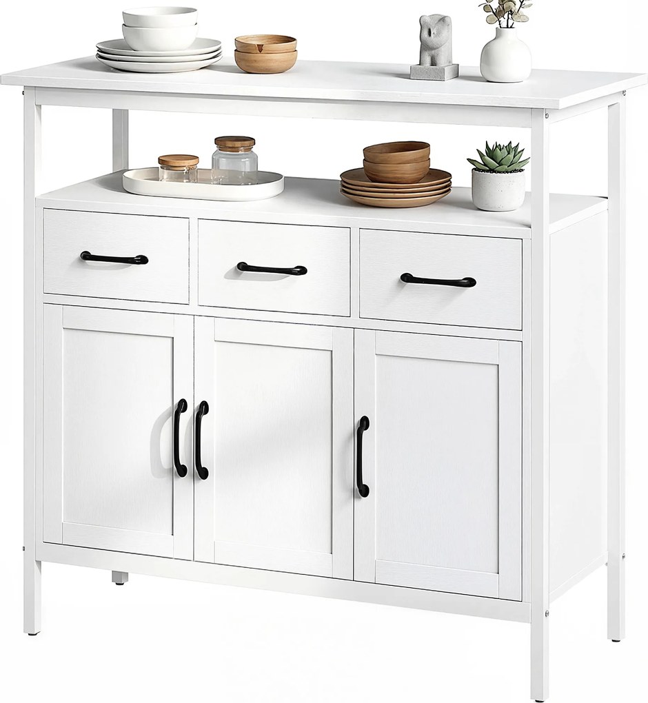 HOMCOM Bufet bucătărie, mobilier de depozitare, 3 uși, 3 sertare, compartiment deschis și rafturi reglabile, 95x35x88cm, alb | Aosom Romania