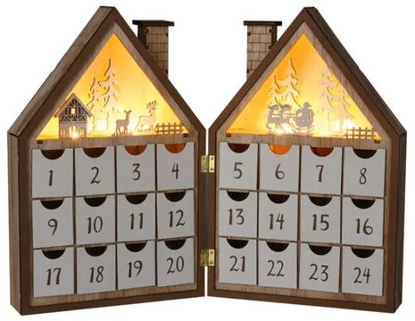 Calendar de Advent din lemn cu LED-uri Casa de Crăciun, 8x LED, 19 cm, 2x AAA