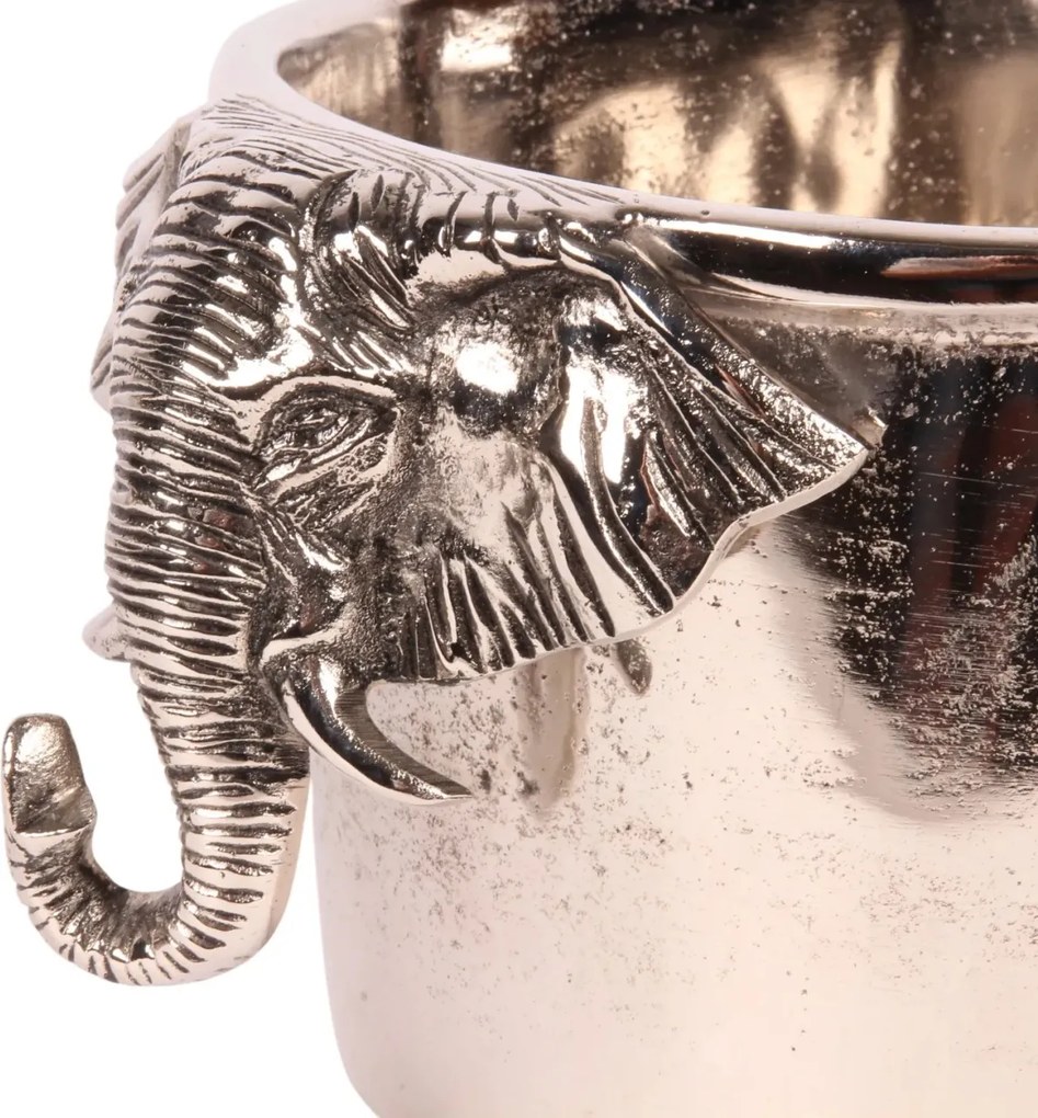 Frapieră ovală pentru vin și șampanie din aluminiu reciclat, argintie, cu mânere în formă de cap de elefant, stil colonial, finisaj ciocănit, 38 x 29